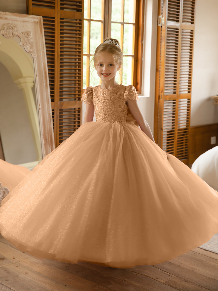 Crew Neck Tulle Flower Girl Dresses with Applique &amp; Satin Bowknot