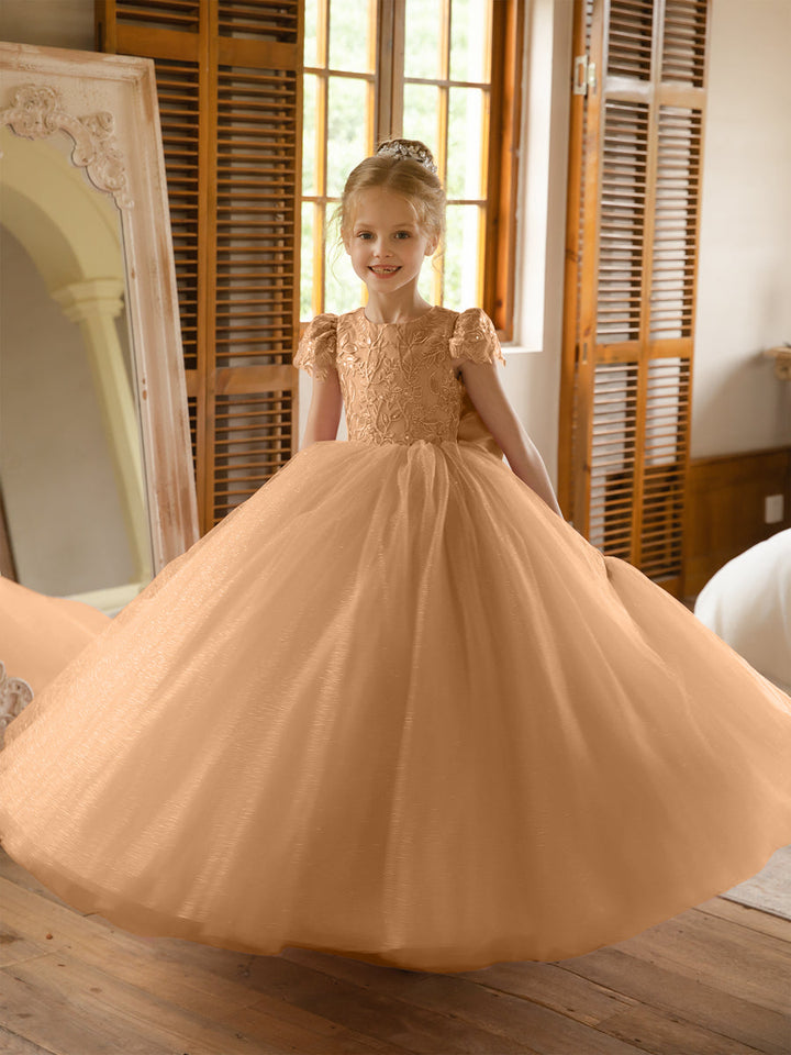 Crew Neck Tulle Flower Girl Dresses with Applique &amp; Satin Bowknot