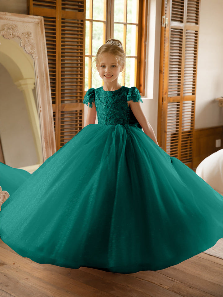 Crew Neck Tulle Flower Girl Dresses with Applique &amp; Satin Bowknot