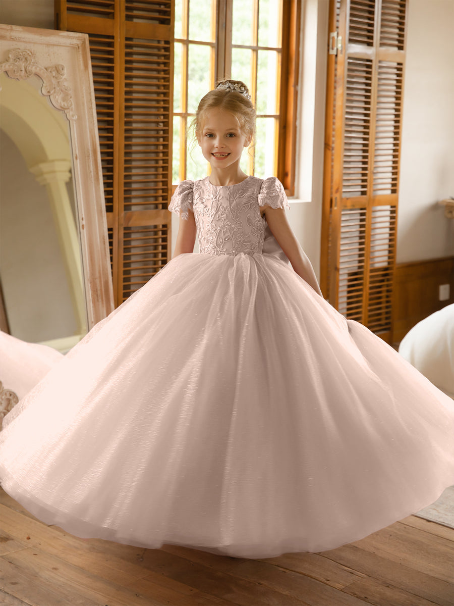 Crew Neck Tulle Flower Girl Dresses with Applique &amp; Satin Bowknot