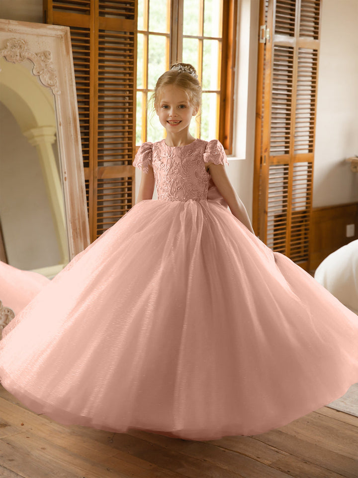 Crew Neck Tulle Flower Girl Dresses with Applique &amp; Satin Bowknot