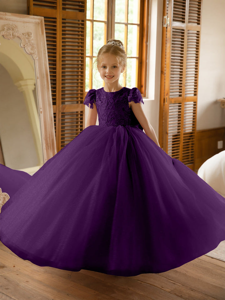 Crew Neck Tulle Flower Girl Dresses with Applique &amp; Satin Bowknot