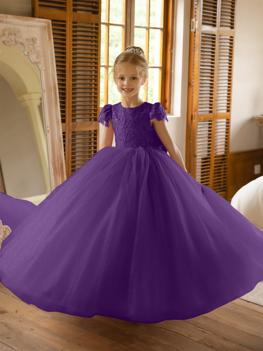 Crew Neck Tulle Flower Girl Dresses with Applique &amp; Satin Bowknot