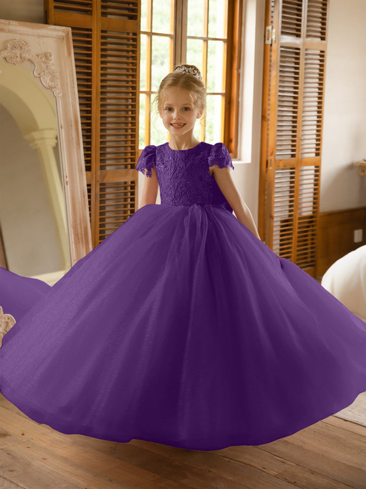 Crew Neck Tulle Flower Girl Dresses with Applique &amp; Satin Bowknot