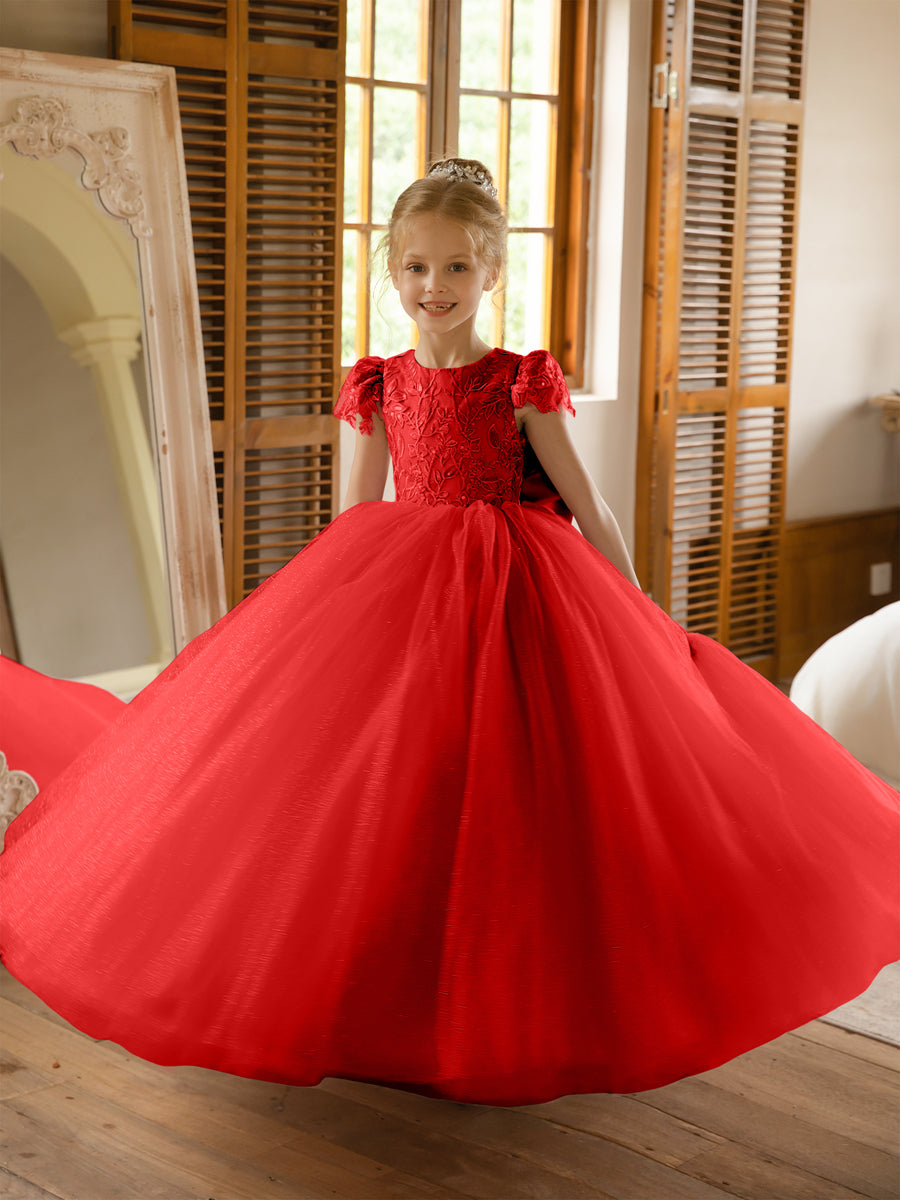 Crew Neck Tulle Flower Girl Dresses with Applique &amp; Satin Bowknot