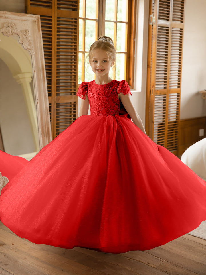 Crew Neck Tulle Flower Girl Dresses with Applique &amp; Satin Bowknot