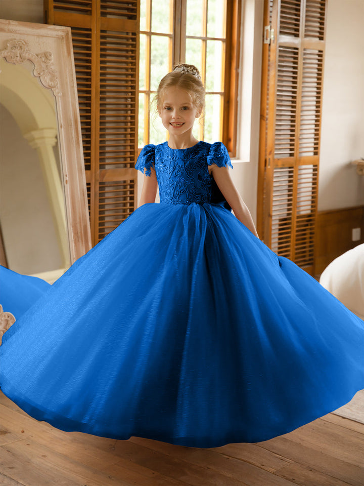 Crew Neck Tulle Flower Girl Dresses with Applique &amp; Satin Bowknot
