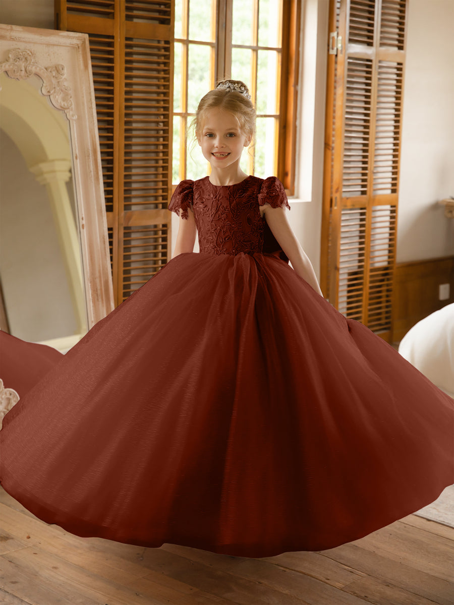 Crew Neck Tulle Flower Girl Dresses with Applique &amp; Satin Bowknot