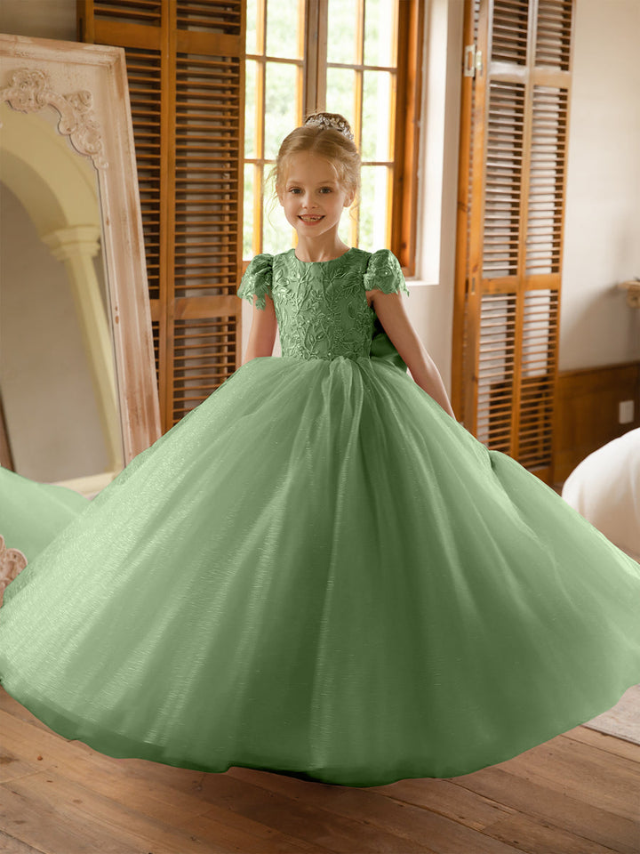 Crew Neck Tulle Flower Girl Dresses with Applique &amp; Satin Bowknot