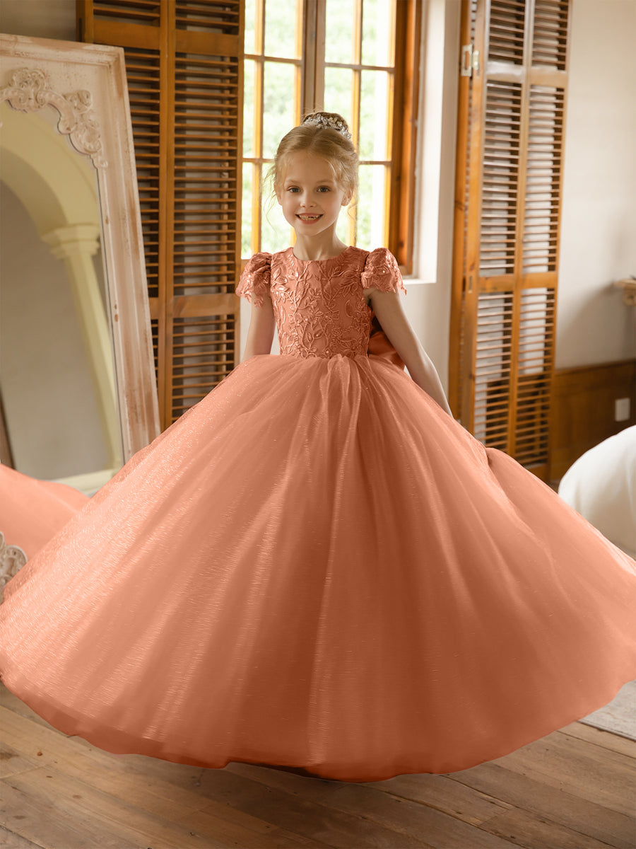 Crew Neck Tulle Flower Girl Dresses with Applique &amp; Satin Bowknot