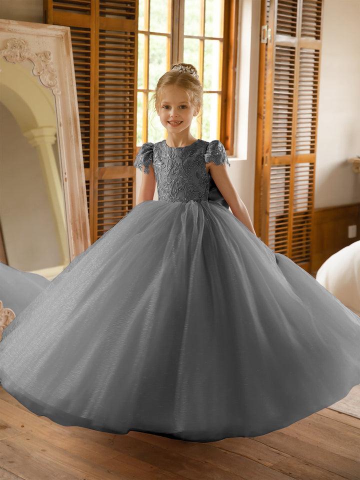 Crew Neck Tulle Flower Girl Dresses with Applique &amp; Satin Bowknot
