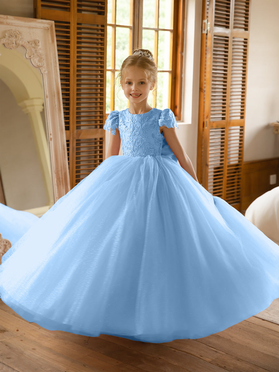 Crew Neck Tulle Flower Girl Dresses with Applique &amp; Satin Bowknot