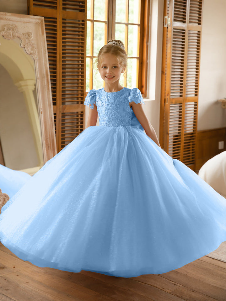 Crew Neck Tulle Flower Girl Dresses with Applique &amp; Satin Bowknot