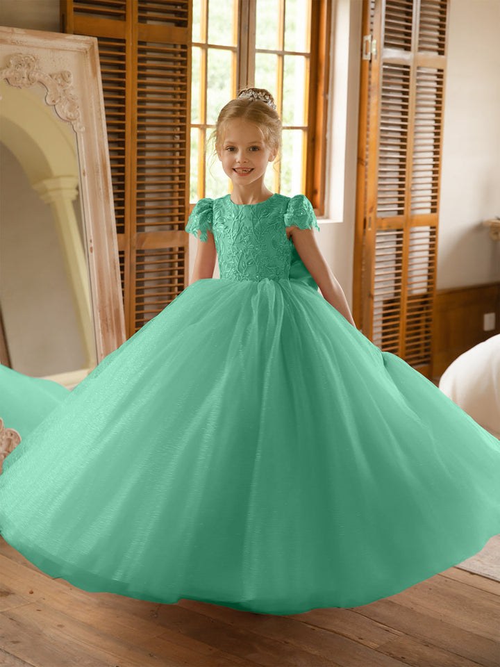 Crew Neck Tulle Flower Girl Dresses with Applique &amp; Satin Bowknot