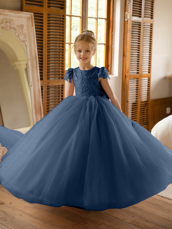 Crew Neck Tulle Flower Girl Dresses with Applique &amp; Satin Bowknot