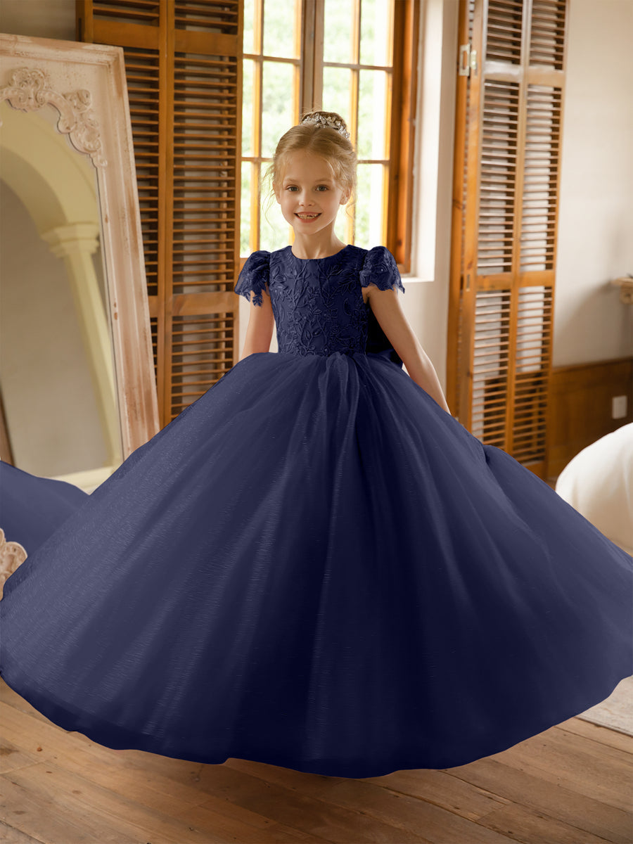 Crew Neck Tulle Flower Girl Dresses with Applique &amp; Satin Bowknot