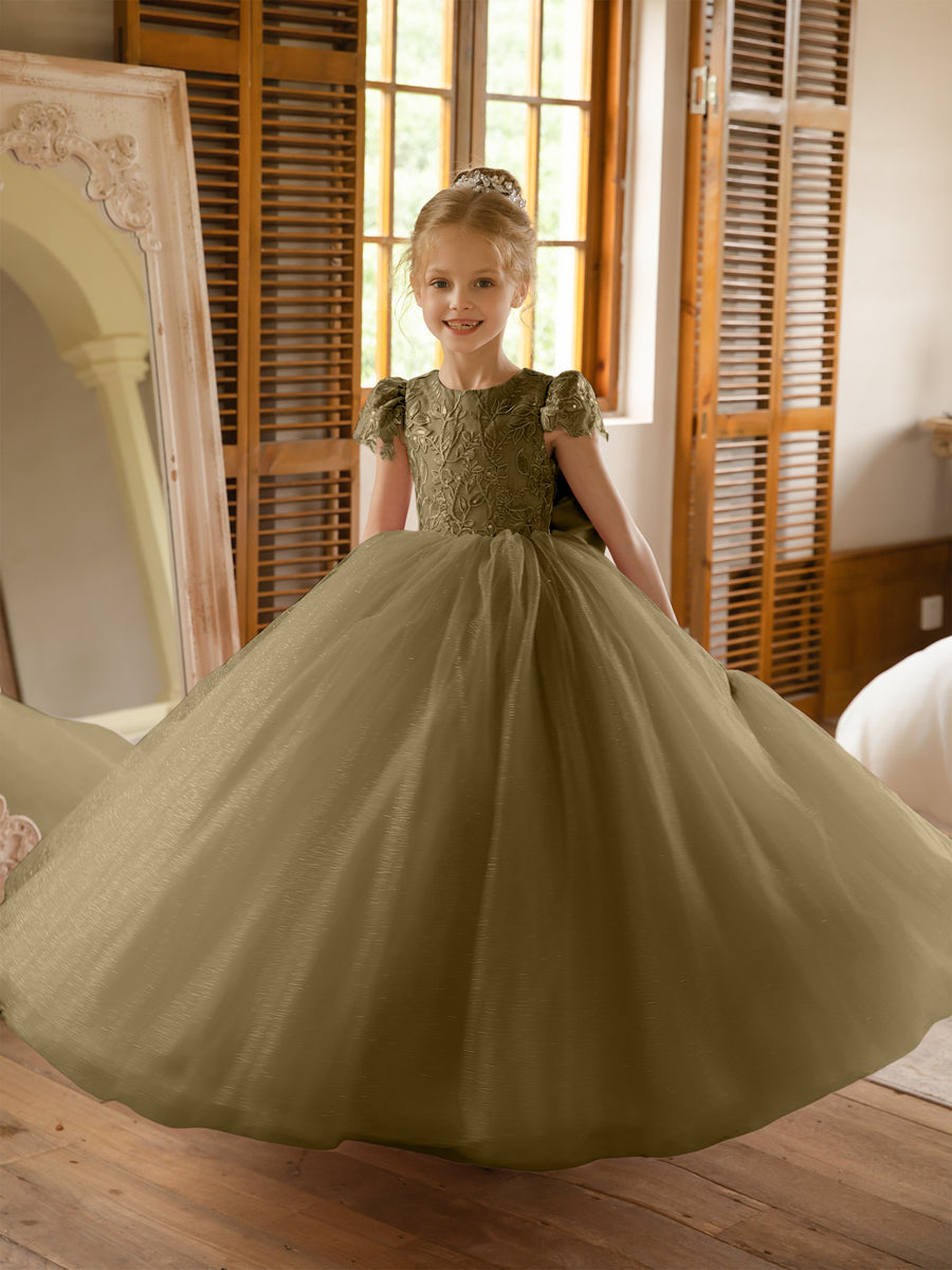 Crew Neck Tulle Flower Girl Dresses with Applique &amp; Satin Bowknot