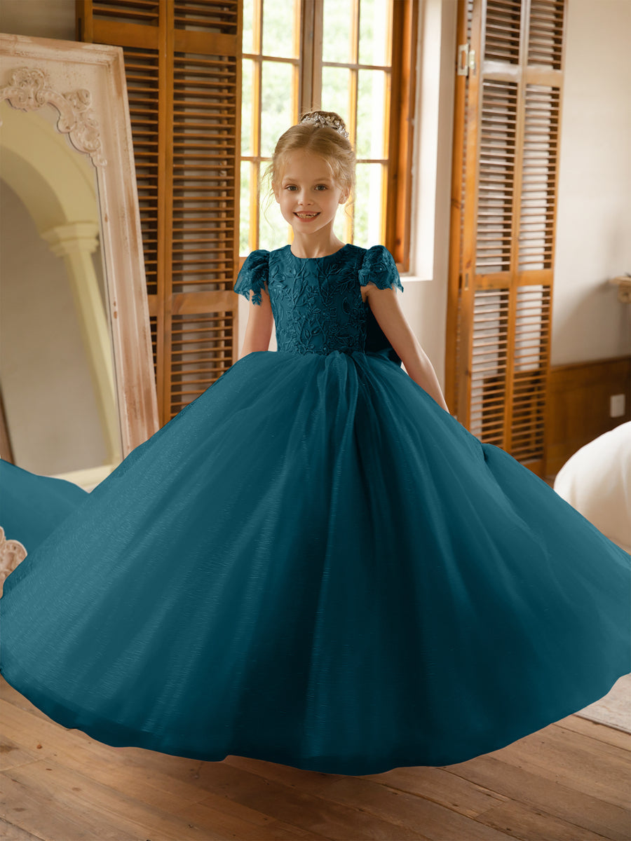 Crew Neck Tulle Flower Girl Dresses with Applique &amp; Satin Bowknot