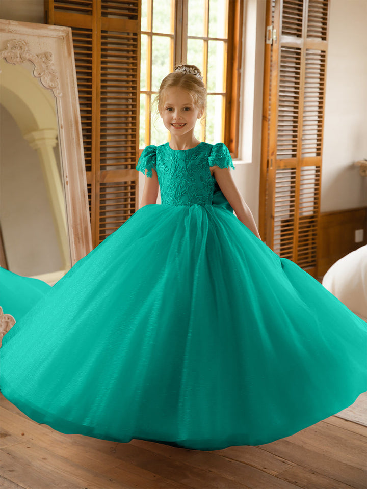 Crew Neck Tulle Flower Girl Dresses with Applique &amp; Satin Bowknot