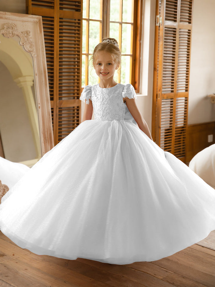 Crew Neck Tulle Flower Girl Dresses with Applique &amp; Satin Bowknot