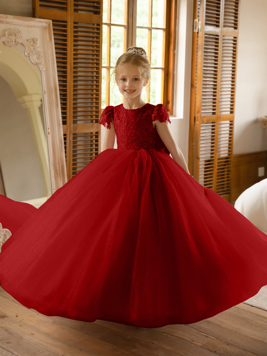 Crew Neck Tulle Flower Girl Dresses with Applique &amp; Satin Bowknot