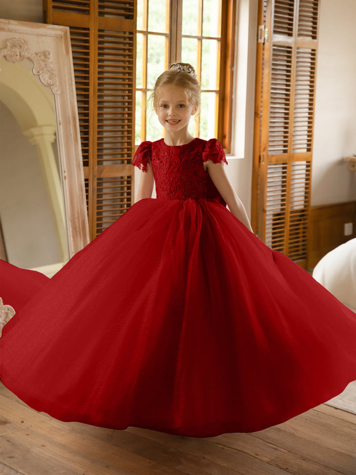 Crew Neck Tulle Flower Girl Dresses with Applique &amp; Satin Bowknot