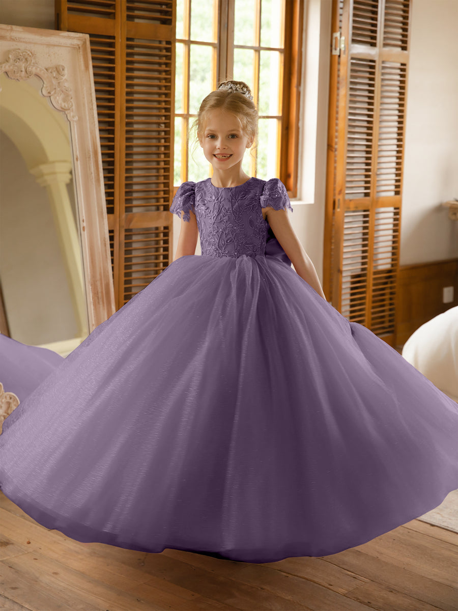 Crew Neck Tulle Flower Girl Dresses with Applique &amp; Satin Bowknot