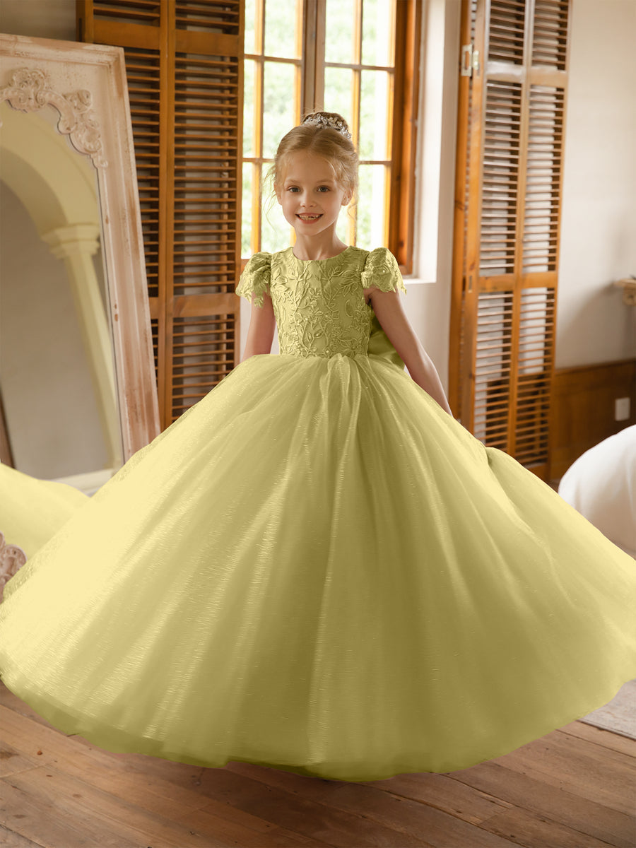 Crew Neck Tulle Flower Girl Dresses with Applique &amp; Satin Bowknot