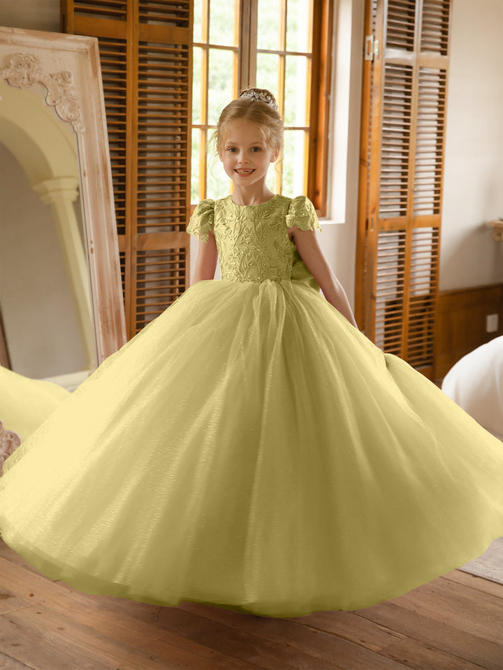 Crew Neck Tulle Flower Girl Dresses with Applique &amp; Satin Bowknot