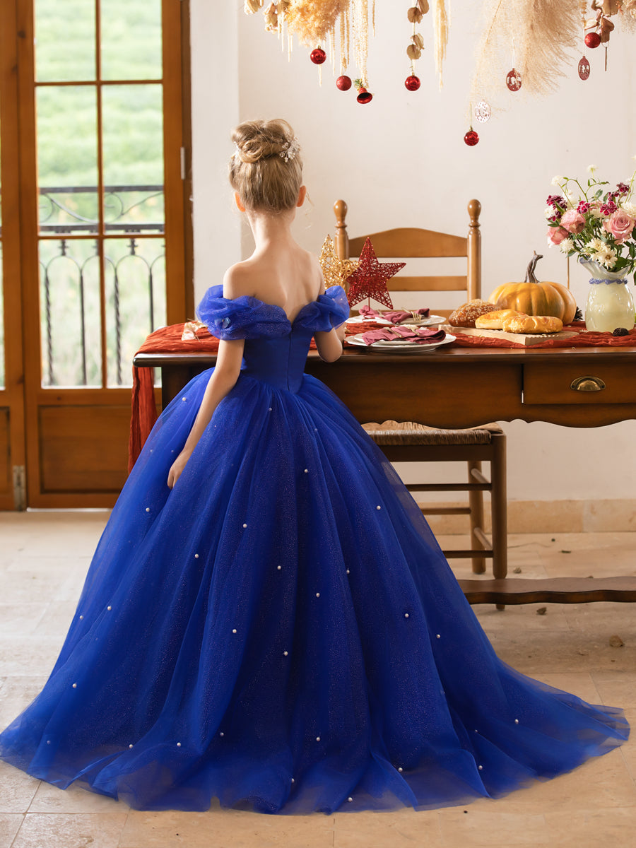 Off-the-Shoulder Tulle Flower Girl Dresses with Pearls & Butterflies