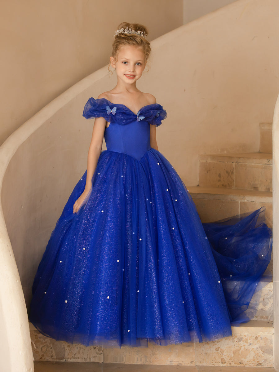 Off-the-Shoulder Tulle Flower Girl Dresses with Pearls & Butterflies