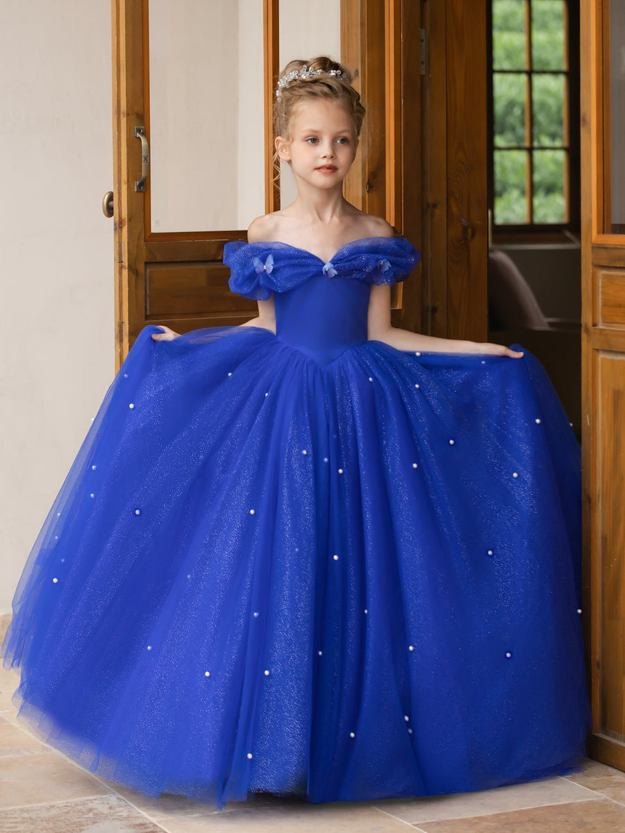 Off-the-Shoulder Tulle Flower Girl Dresses with Pearls & Butterflies