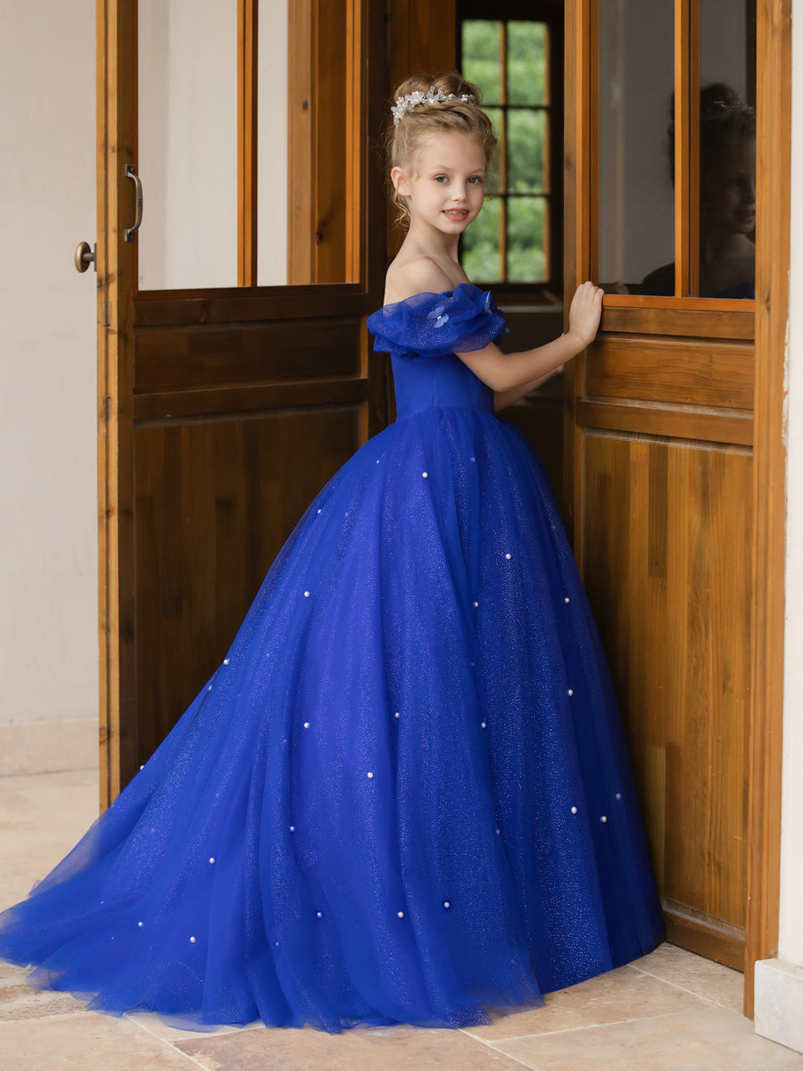 Off-the-Shoulder Tulle Flower Girl Dresses with Pearls & Butterflies