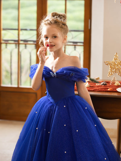 Off-the-Shoulder Tulle Flower Girl Dresses with Pearls & Butterflies