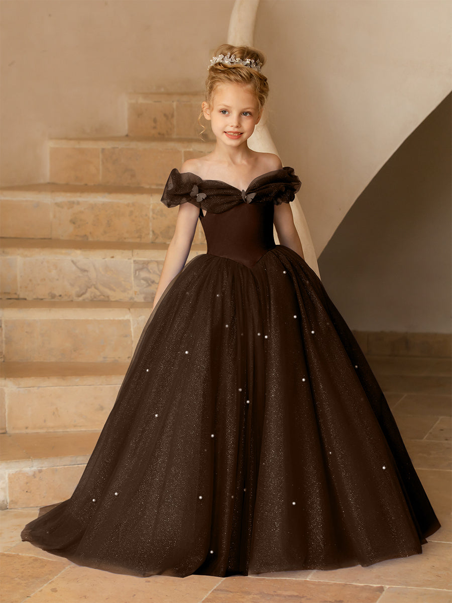 Lavetir Flower Girl Dresses Brown Off-the-Shoulder Tulle with Pearls 2026