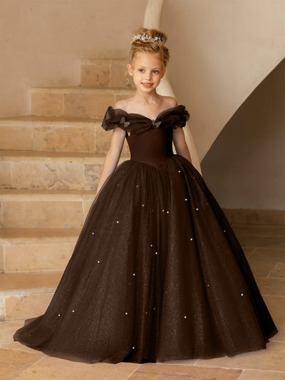 Off-the-Shoulder Tulle Flower Girl Dresses with Pearls