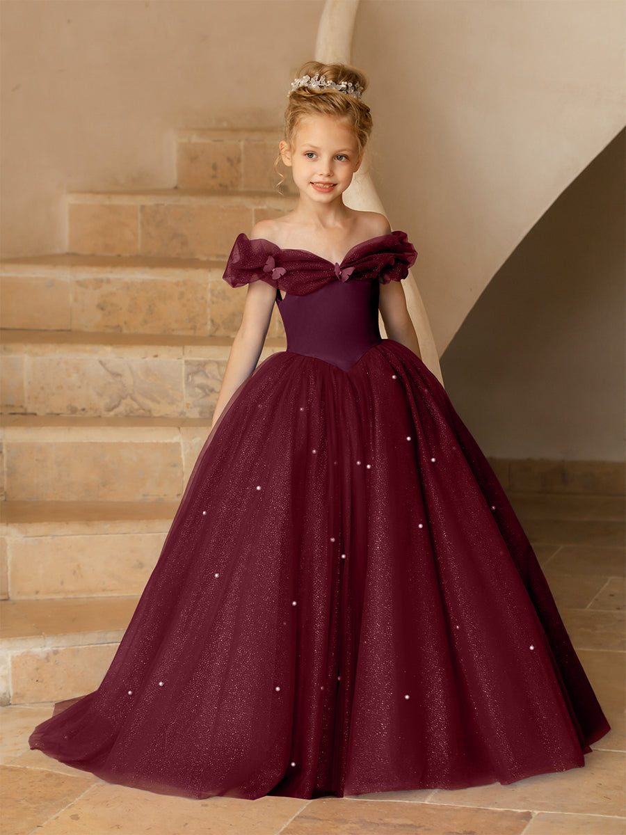 Lavetir Flower Girl Dresses Burgundy Off-the-Shoulder Tulle with Pearls 2026