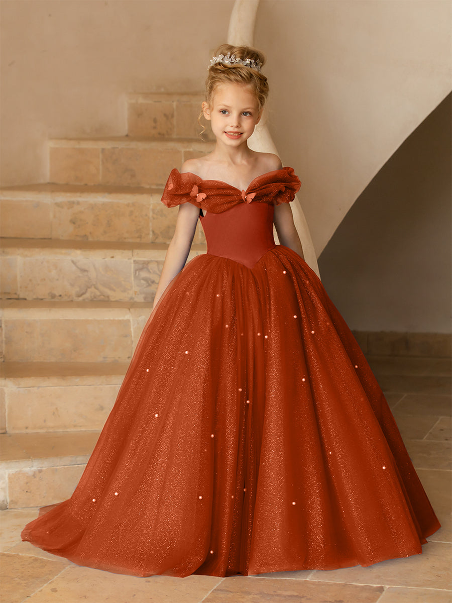 Lavetir Flower Girl Dresses Burnt Orange Off-the-Shoulder Tulle with Pearls 2026