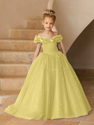 Off-the-Shoulder Tulle Flower Girl Dresses with Pearls