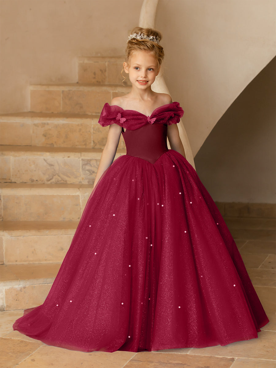 Off-the-Shoulder Tulle Flower Girl Dresses with Pearls