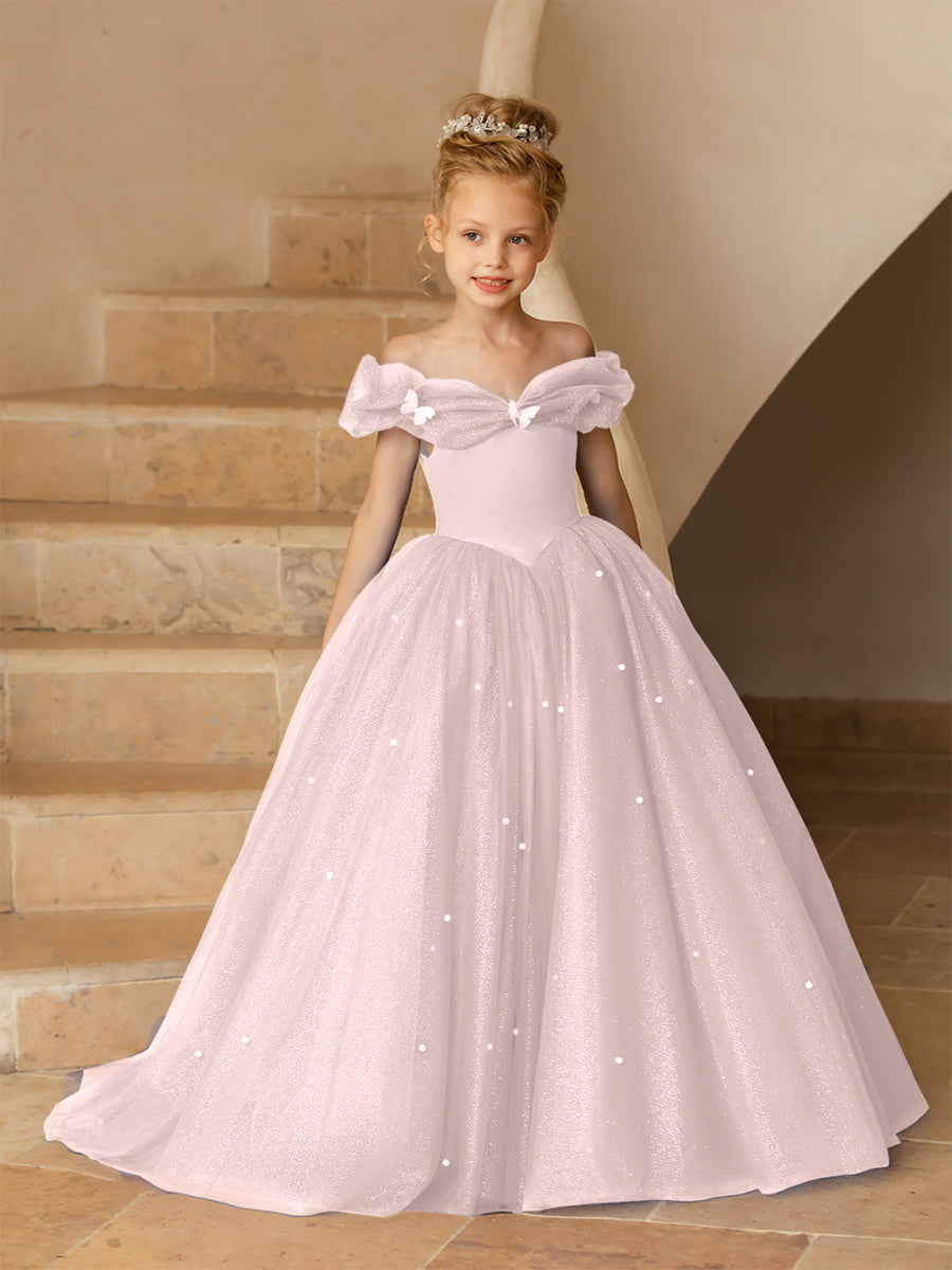 Off-the-Shoulder Tulle Flower Girl Dresses with Pearls & Butterflies
