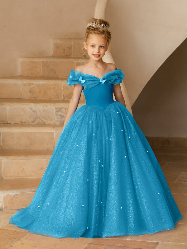 Off-the-Shoulder Tulle Flower Girl Dresses with Pearls