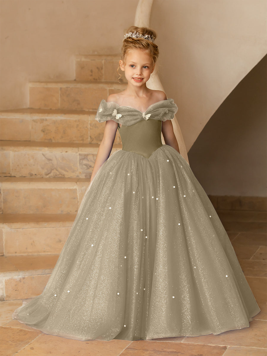 Off-the-Shoulder Tulle Flower Girl Dresses with Pearls & Butterflies