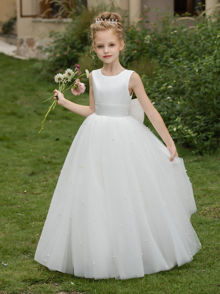 Crew Neck Tulle Flower Girl Dresses with Pearls &amp; Satin Bowknot