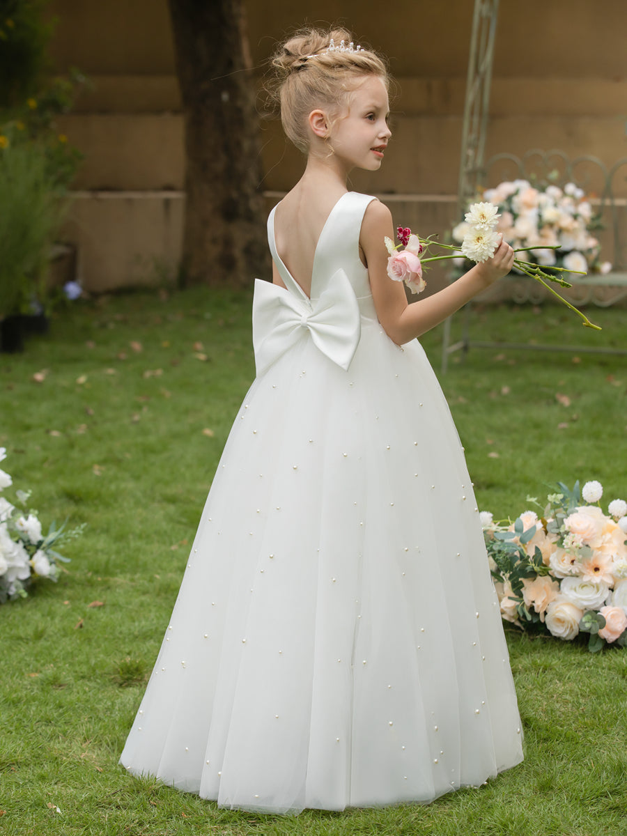 Crew Neck Tulle Flower Girl Dresses with Pearls &amp; Satin Bowknot