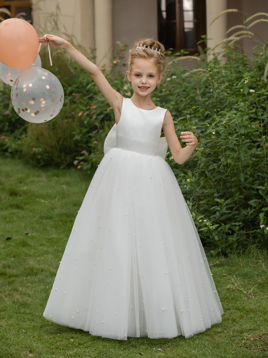 Crew Neck Tulle Flower Girl Dresses with Pearls &amp; Satin Bowknot