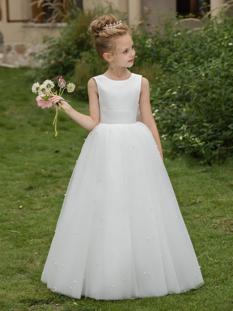Crew Neck Tulle Flower Girl Dresses with Pearls &amp; Satin Bowknot