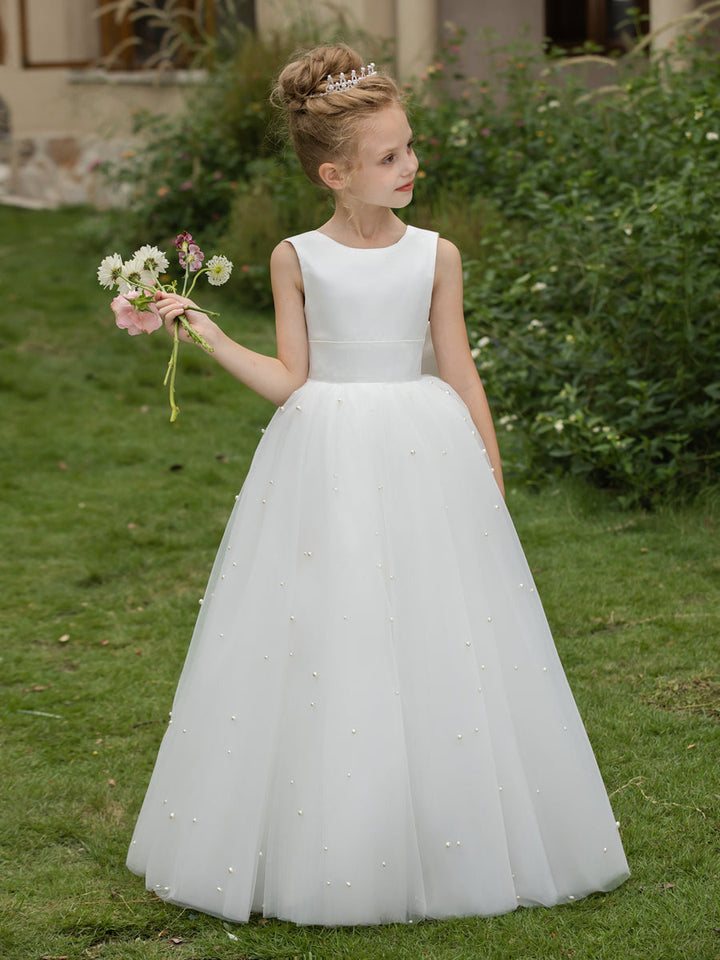 Crew Neck Tulle Flower Girl Dresses with Pearls &amp; Satin Bowknot