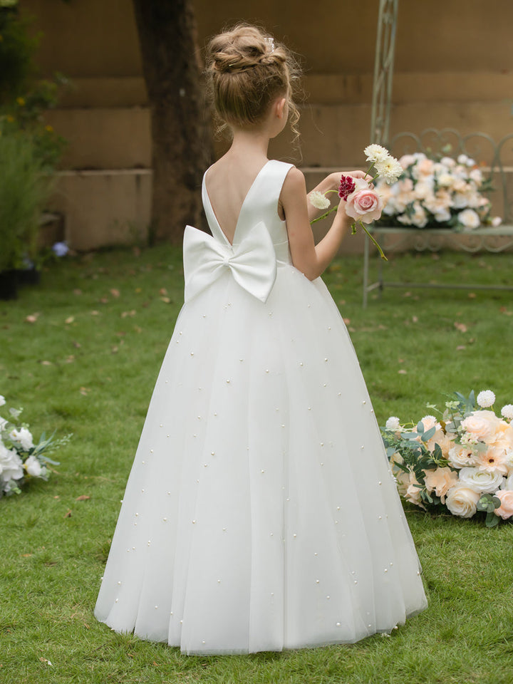 Crew Neck Tulle Flower Girl Dresses with Pearls &amp; Satin Bowknot