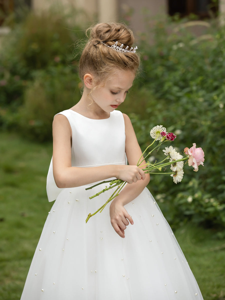 Crew Neck Tulle Flower Girl Dresses with Pearls &amp; Satin Bowknot